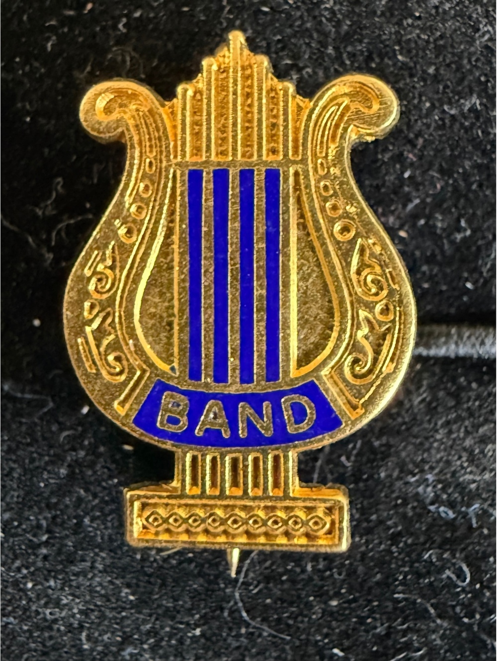 Vintage Gold Tone Lyre Band Pin with Blue Enamel Detailing